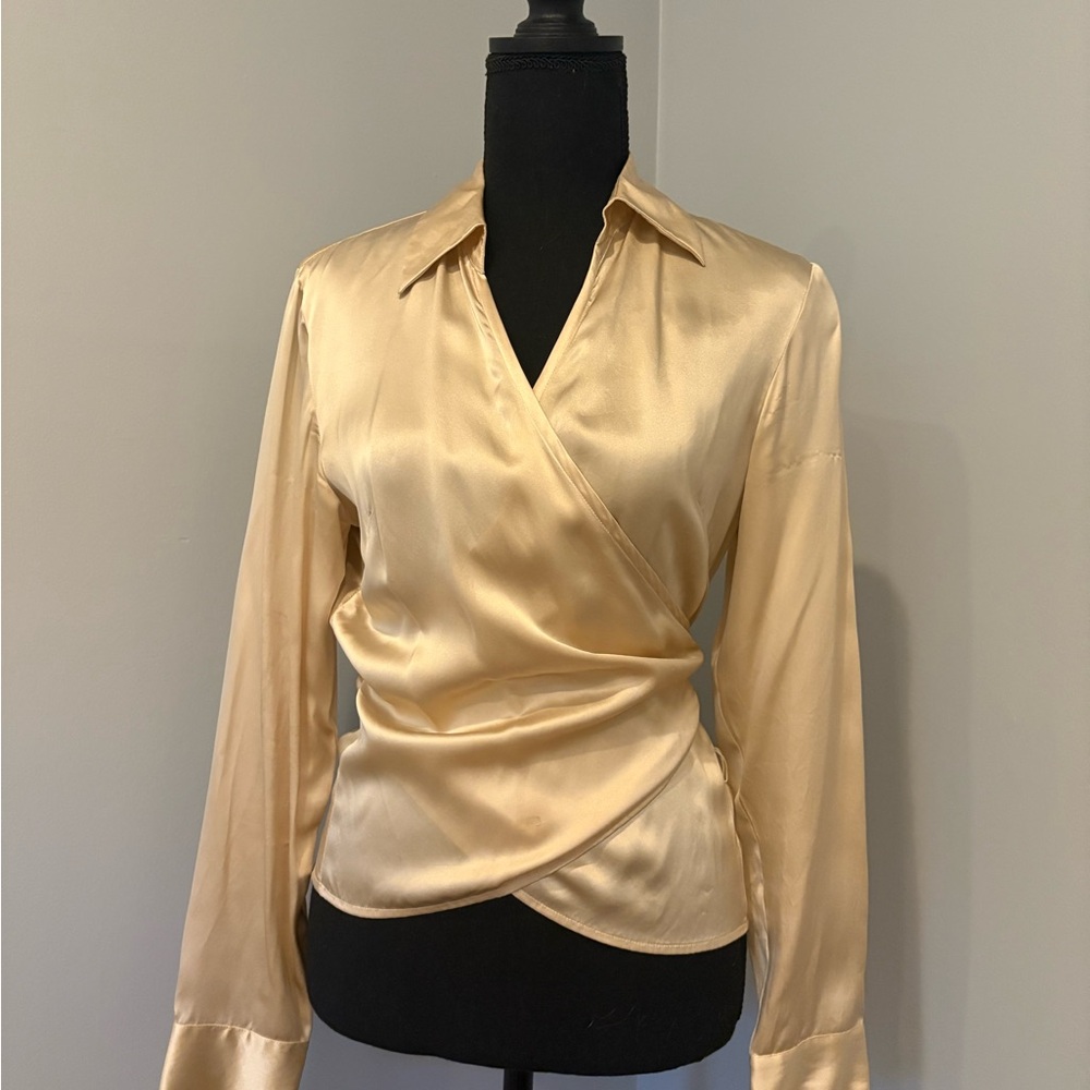 Women’s Ann Taylor Silk Champagne Gold Wrap Top Blouse size 8